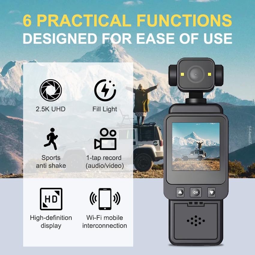 FHD 2.5KPocket Recorder: Ultra-Compact & Wearable 180° Rotatable Night Vision Lens, Loop Recording - Ideal For Travel, Sports