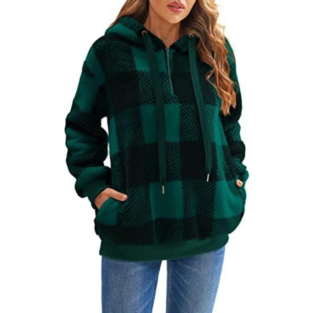 Plush Jacket Long Sleeved Hooded Plaid Plush, Women's Hoodie Jacket