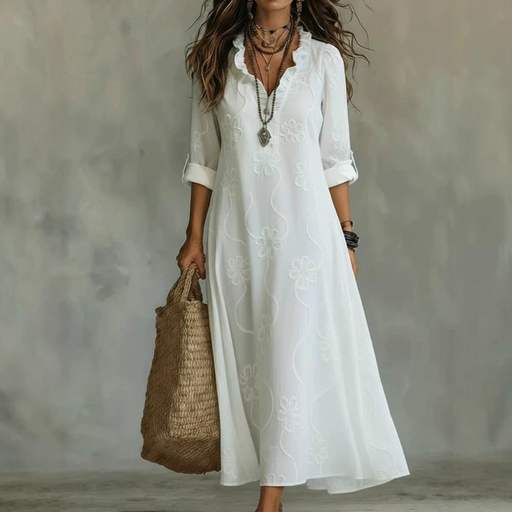 Women's V Neck Long Sleeve Embroidered Loose Maxi Dress Casual Boho Cotton Linen Long Dress