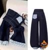 Women's High-Waist Dark Blue Denim Pants - Winter Lazy Style with Contrasting Letter Embroidery and Plus Velvet Wide Leg Design.