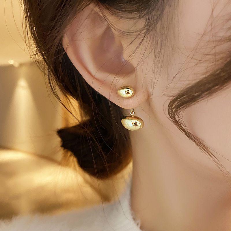 Zlaté oválné náušnice s fazolkami: Nošení vpředu i vzadu, Jednoduché a šik puzety s výklenkem, Sladký, Cool High-End Design.