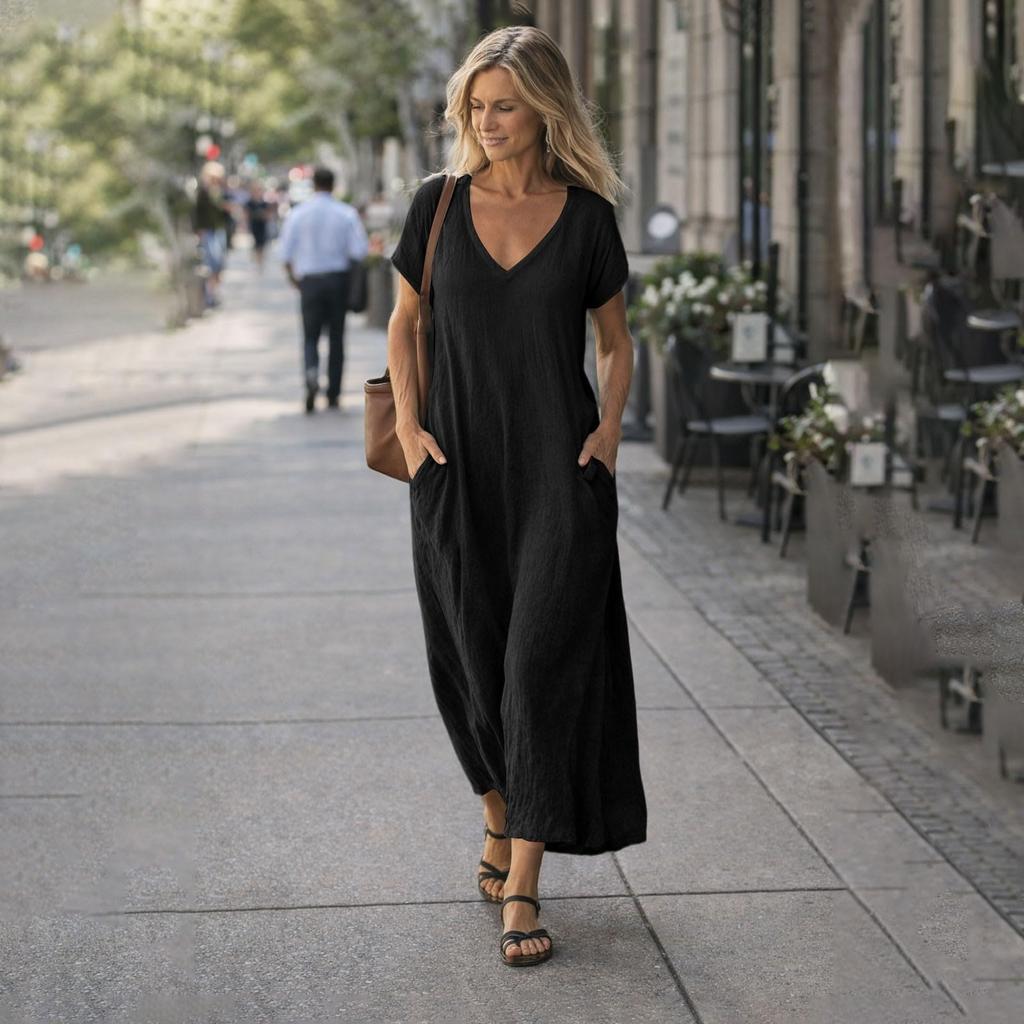 Women V Neck Short Sleeve Loose Fit Maxi Dress with Pockets Casual Summer Lightweight Long Dress for Daily Wear