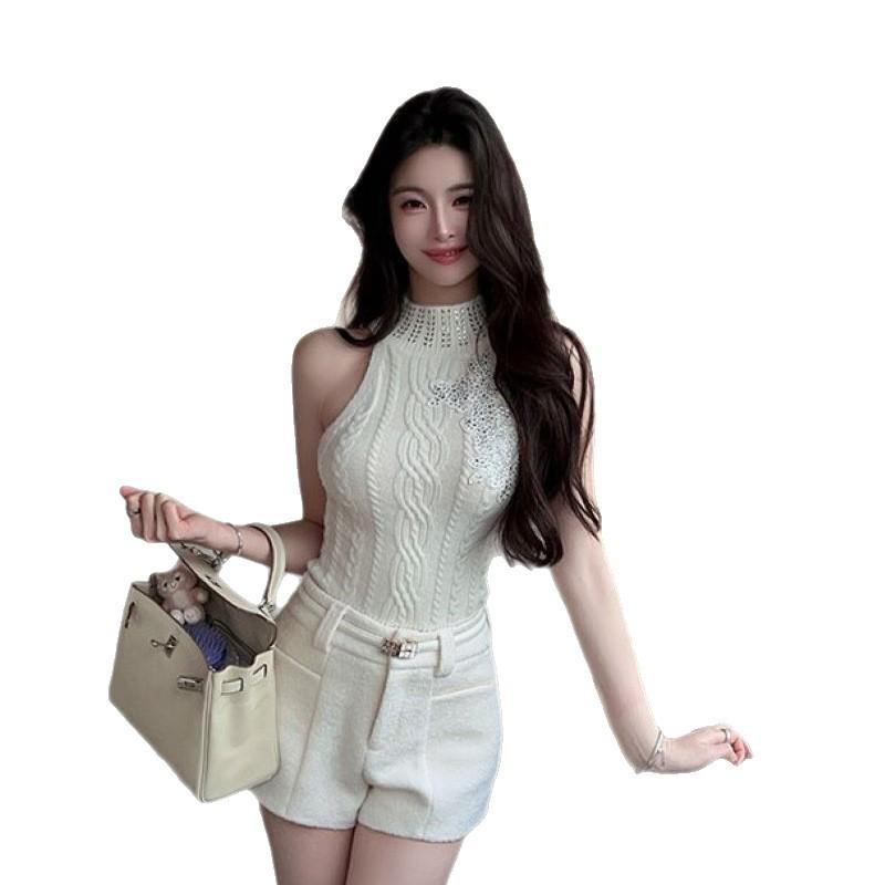 Pure desire diamond-encrusted lace semi-turtleneck sleeveless knitted vest spring and summer waist and thin Spice Girl sexy versatile top