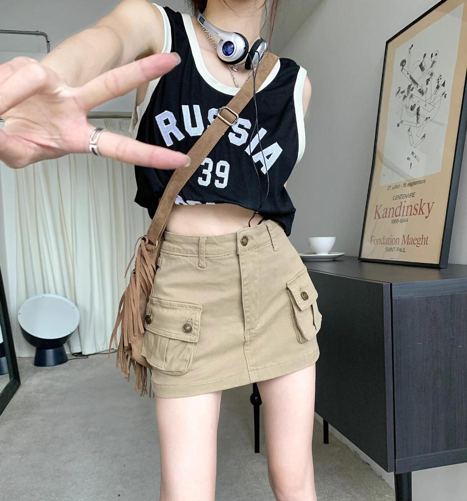 Khaki High-Waist A-Line Denim Skirt - Slim, Retro, Summer Style for Women