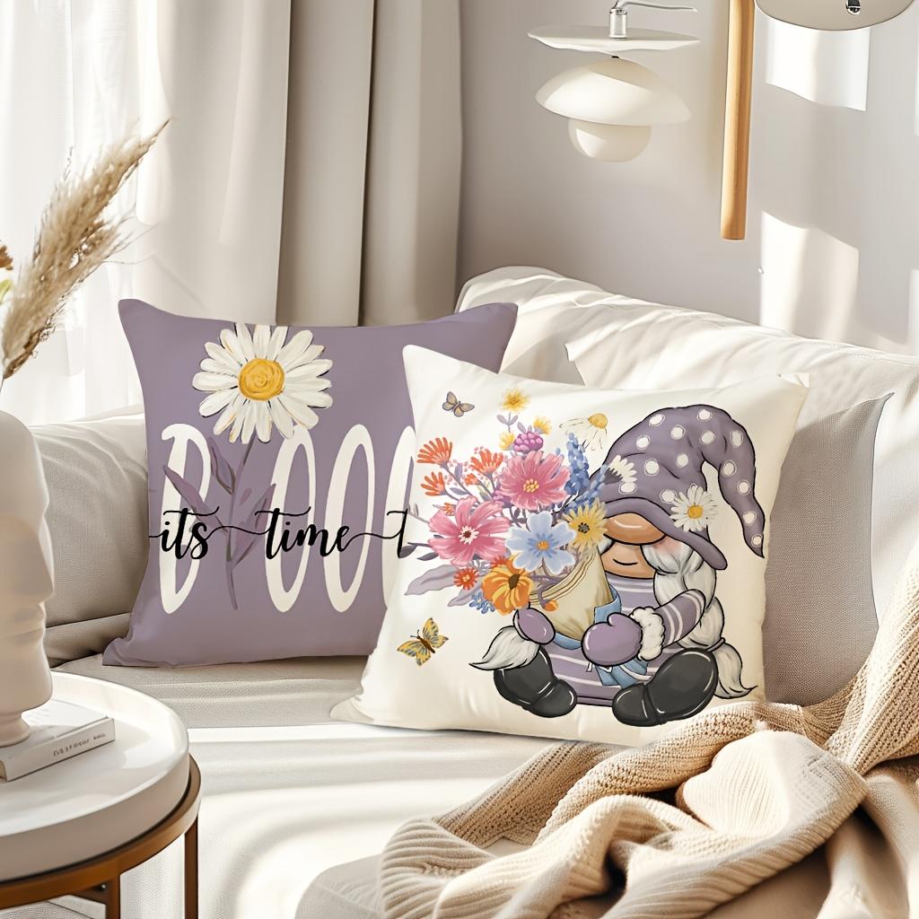 Spring Gnome Flower Pillow Cover Cute Dwarf Floral Print Cushion Case Farmhouse Easter Home Decor Living Room Bedroom Sofa Soft