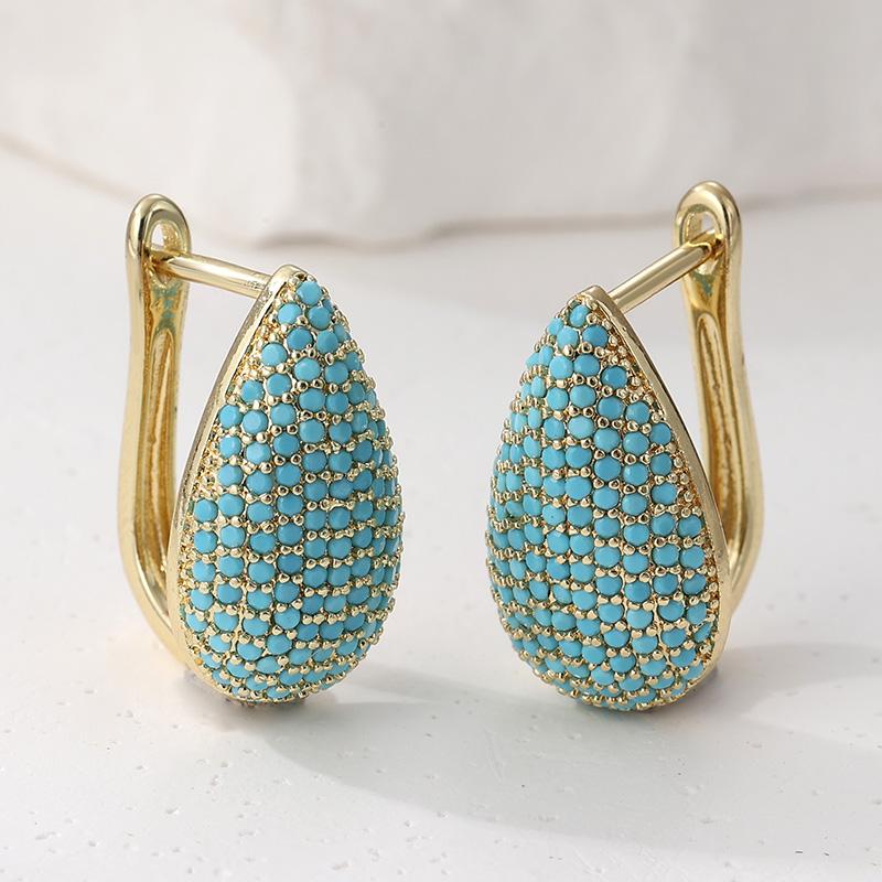 Synthetic Turquoise Inlaid Teardrop Shape Golden Plated Stud Earrings Women's Elegant Banquet Jewelry Accessories Crafts