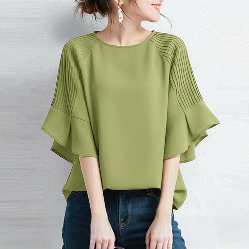 

ZANZEA Женская повседневная однотонная блузка с круглым вырезом и рукавом 3/4 M зелёный