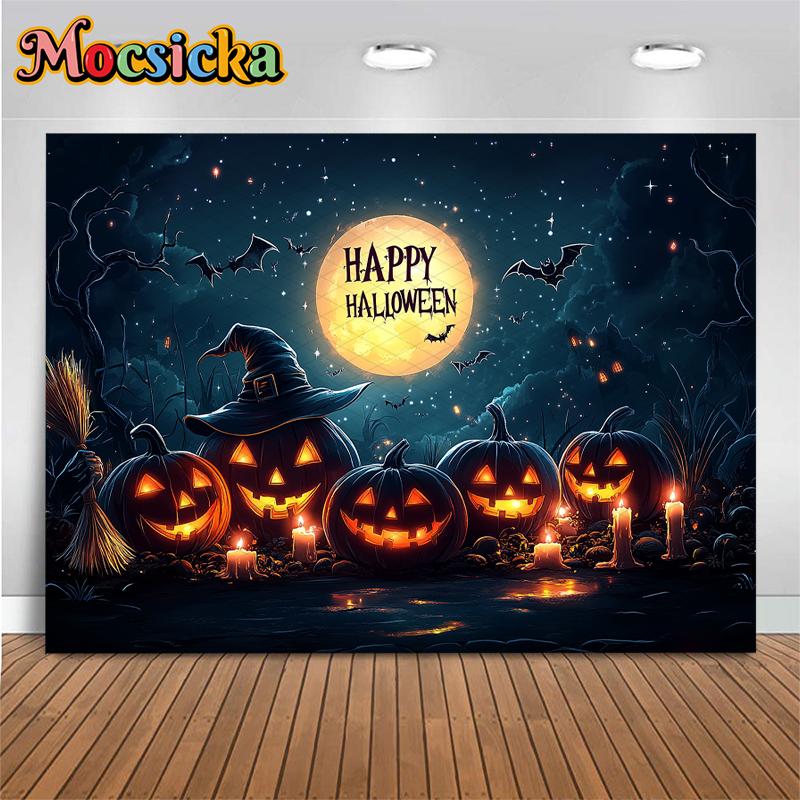 Mocsicka Happy Halloween Background For Photography Jack-O-Lanterns Party Backdrop Night Moon Bat Wizard Pumpkin Decor Photocall