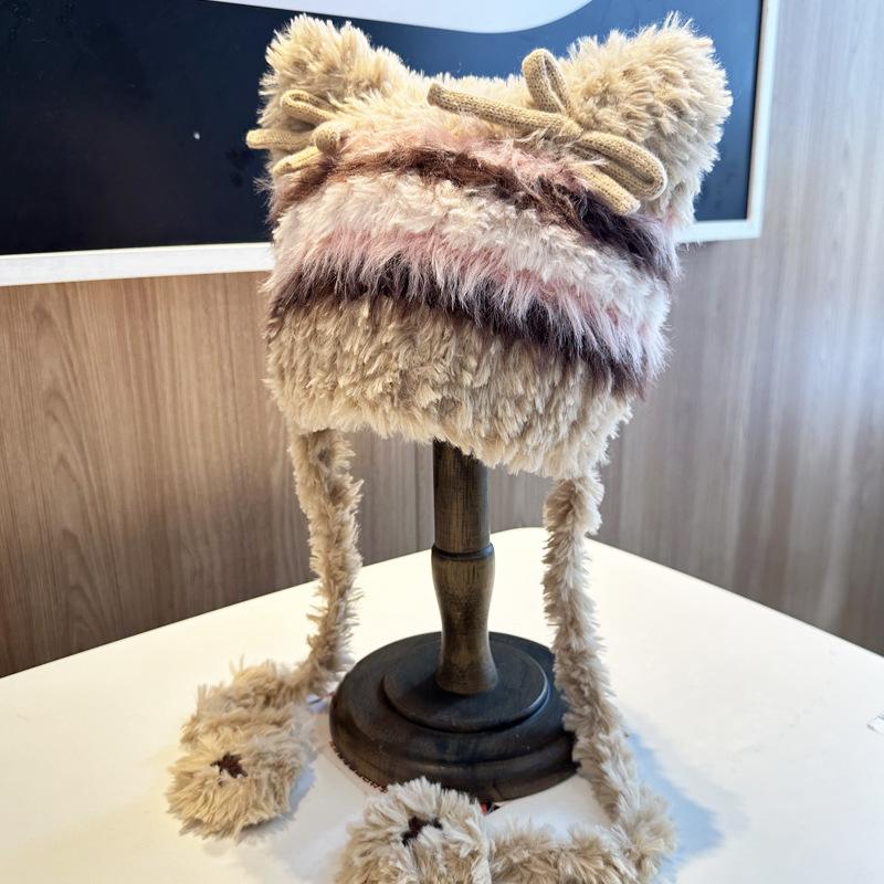 Cute Plush Hat Women's Autumn and Winter Colorful Fringed Braids Knitted Pullover Hat Ear Protector