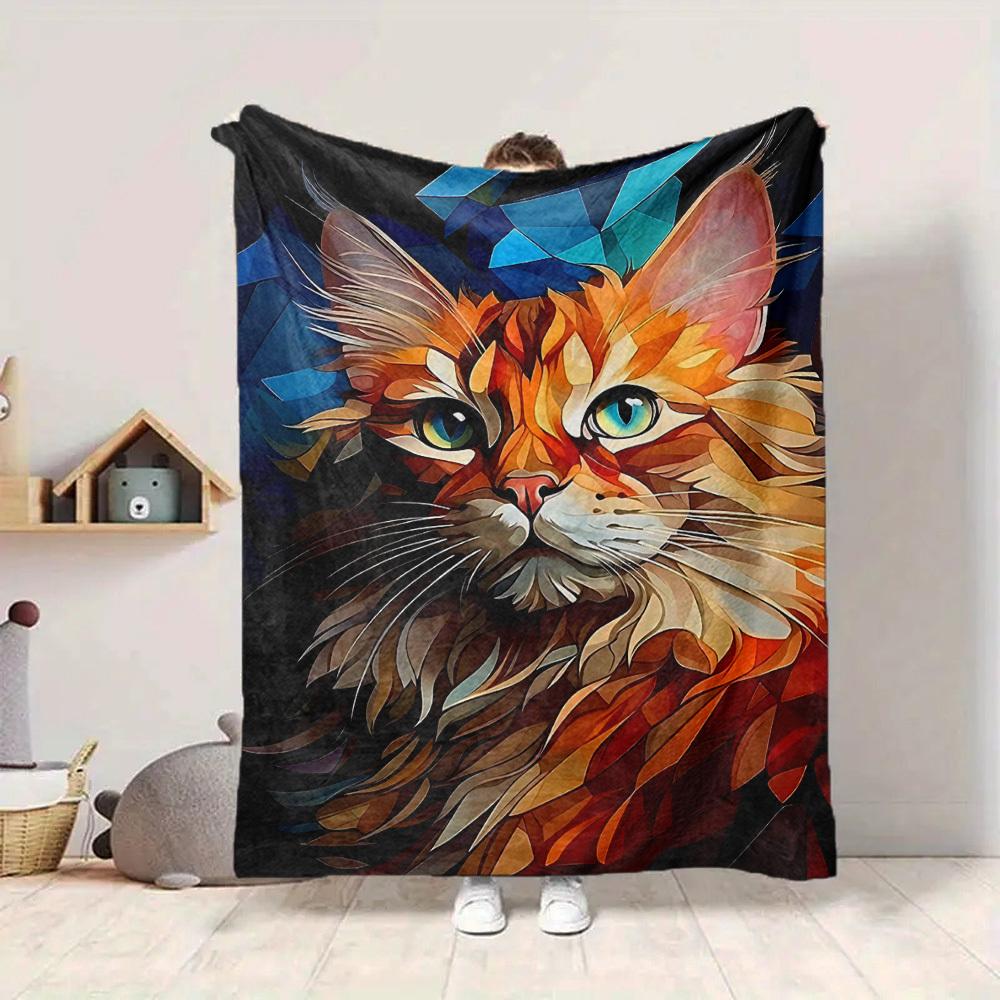 1pc Feline Abstract Print Blanket   Lightweight Flannel Throw Blanket For Sofa, Bed, Living Room, Office, Outdoor Travel, Camping