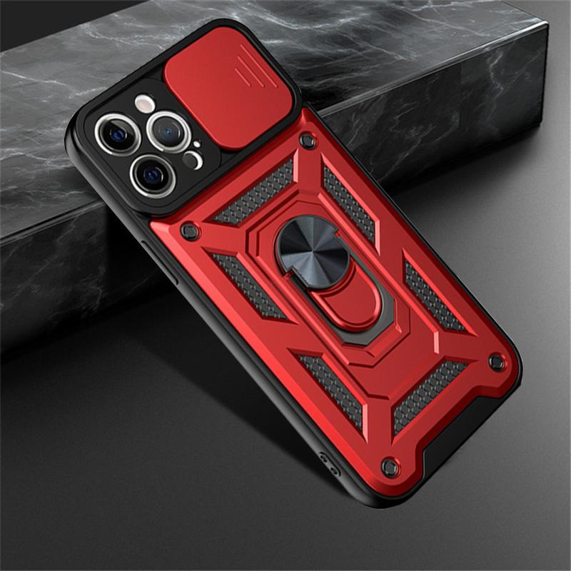 Luxury Slide Camera Lens Phone Case For iPhone 13 12 11 Pro Max X XR XS Max 8 7 6S 6 Plus Military Grade Shockproof Armor Finger Ring Stand Cover