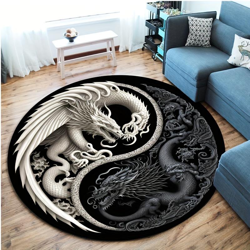 1Pcs Gothic Dragon Pattern Round Area Rug Indoor Non-Slip Washable Carpet, Non-Shedding Mat For Bedroom Living Room Office Machine Washable