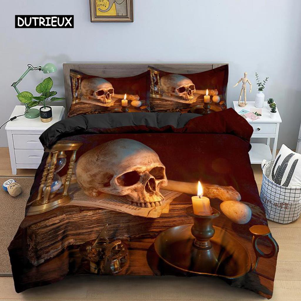 Skeleton Duvet Cover Set Microfiber Bedding Set Twin Size Halloween Funny Skeleton Skulls Bones Comforter Cover for Kids Teens