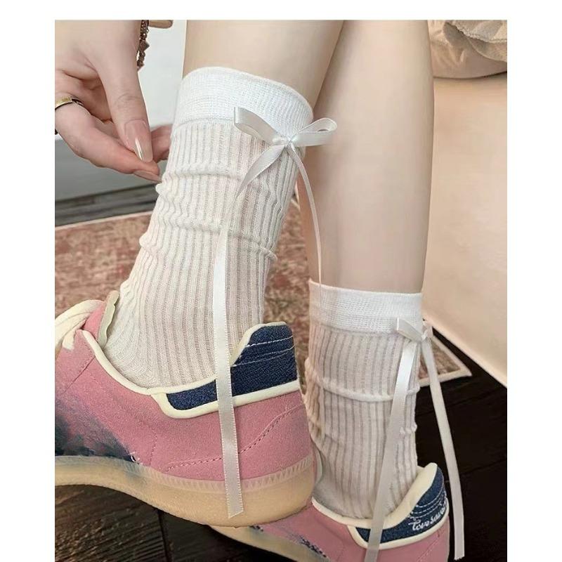 Autumn Ribbon Bow Socks, Women's Ballet-style Calf Socks, Sweet Pile Socks, College Style Thigh-high Socks
