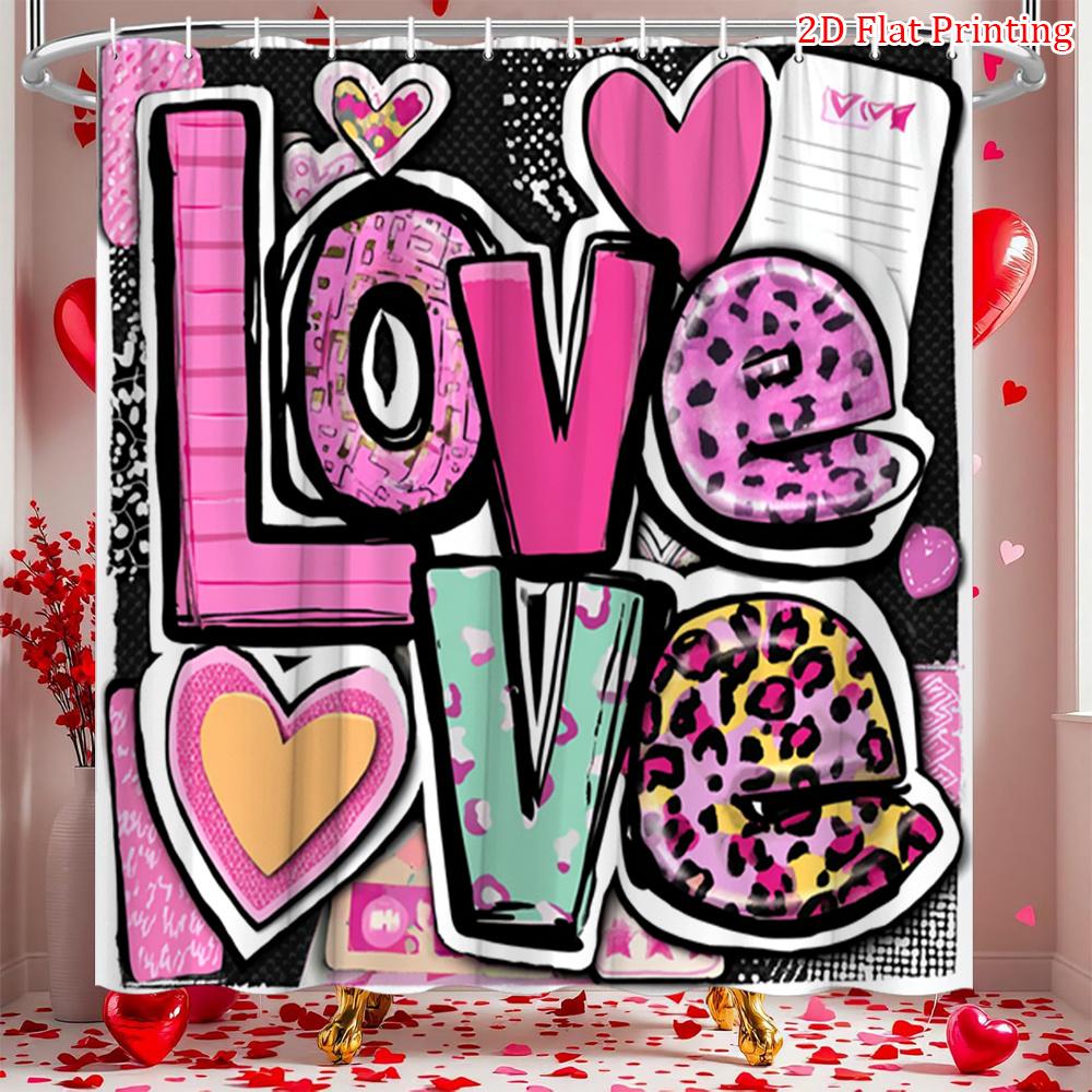 Love Graffiti Shower Curtain Mixed Patterns with Hearts and Leopard, Fun Feminine Bath Curtain for Teen Girls and Romantic Decor