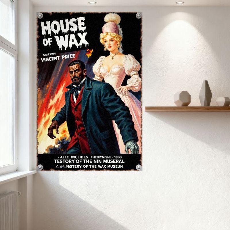 Vintage House of Wax Movie Poster Metal Tin Sign, Vincent Price Starring, Fiery Horror Theme, Home Bar Cafe Wall Decor, 1933 Ret
