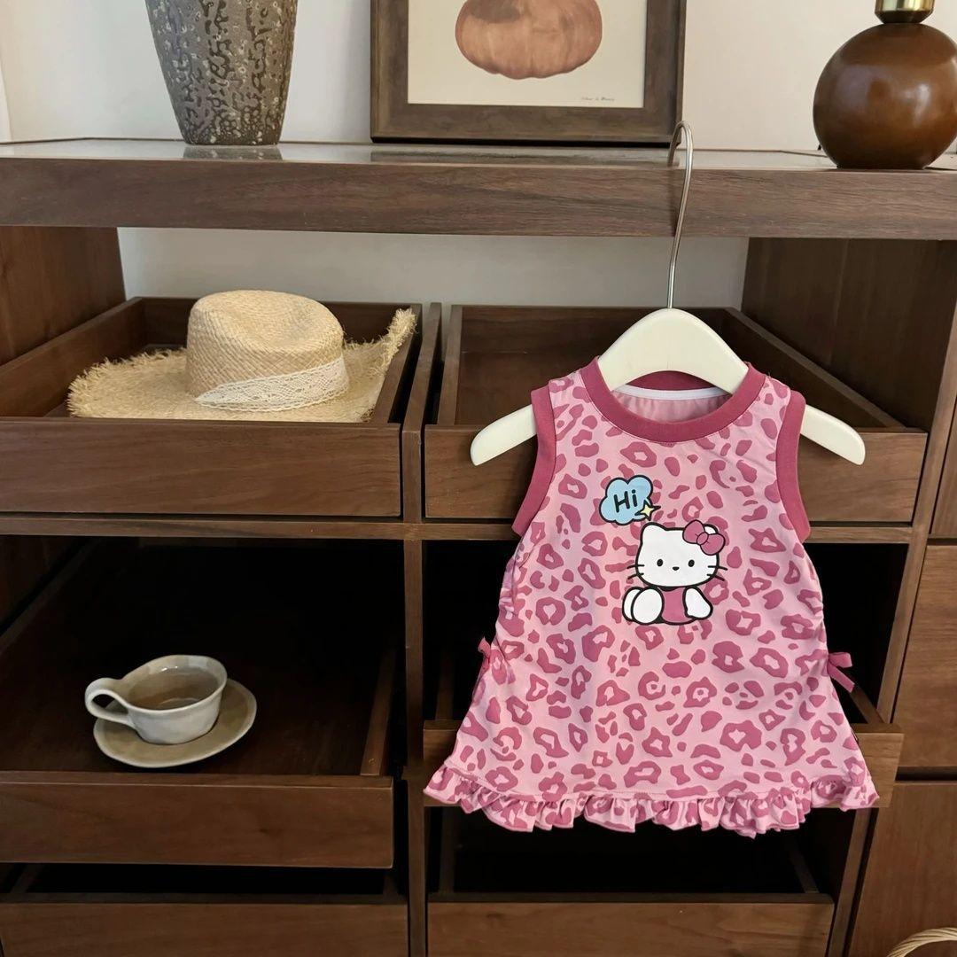 Girls Summer Pink Leopard Print Tank Dress Sweet Cool Lace Bow Sleeveless Dress Kids Clothing 90