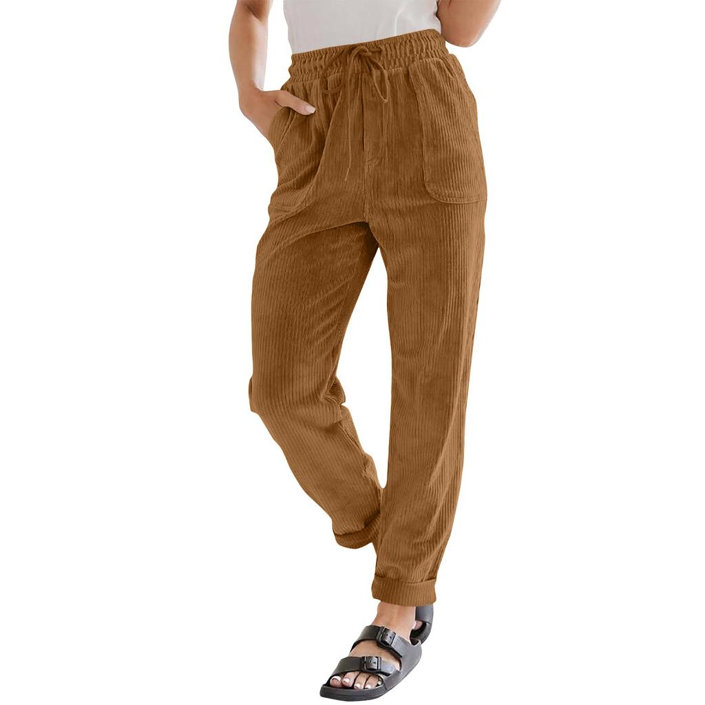 Corduroy Pants For Women Casual Drawstring Elastic High Waist Straight Leg Pants Loose Comfy Trousers With Pockets