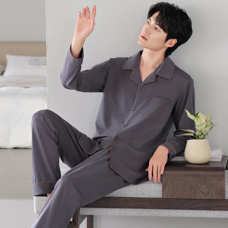 Pajamas Men'S Spring And Autumn Autumn Cotton Long Sleeve High-End Homewear Men'S Simple Casual Cotton Suit