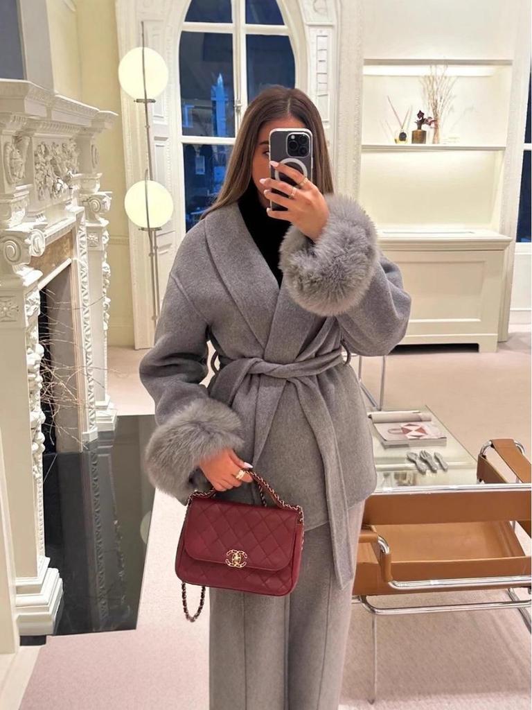 2025 A/W Women's French Tweed Short Coat with Fur Cuffs, V-neck, and Tie-waist - Solid Color.