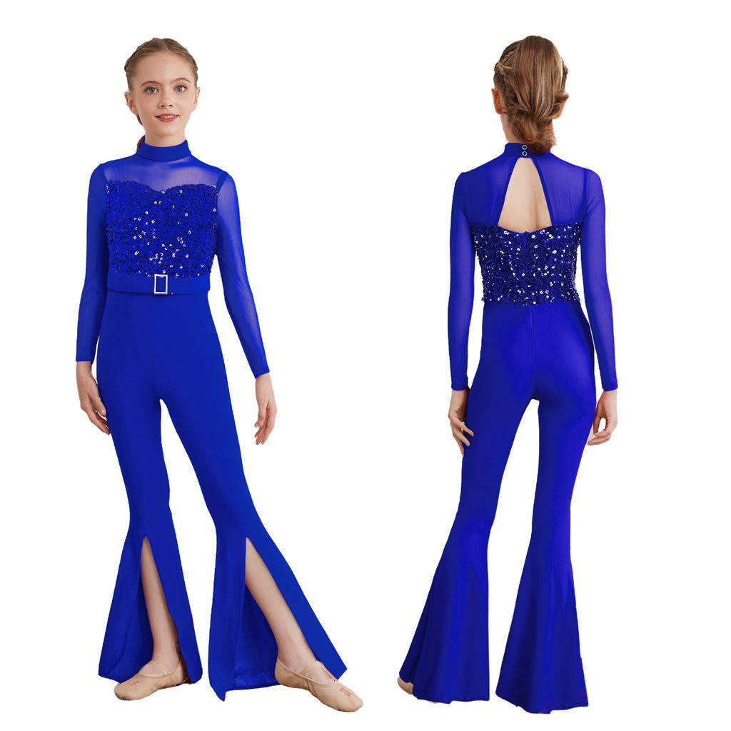 Girls Jazz Dance Jumpsuit: Mock Neck Long Sleeve with Cutout Back & Invisible Zipper, Sheer Mesh Sequins Bodice & Split Bell-Bottoms