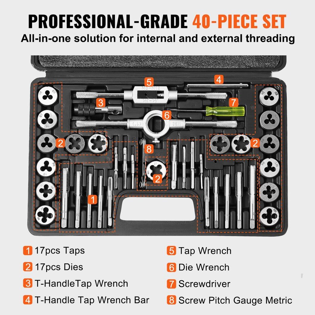 Tap and Die Set 40Pcs Metric Size M3 to M12 Bearing Steel Threading Tool
