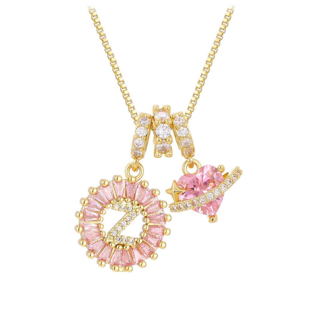 Pink Rock Candy 26-Letter Diamond Necklace with Gold-Plated Zircon and Round Flower Pendant