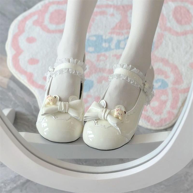 Campus Wind Sweet Pink Lo Shoes Japanese Round Head Single Shoes Women's Bow Summer Cute Cute One-word Buckle Leather Shoes