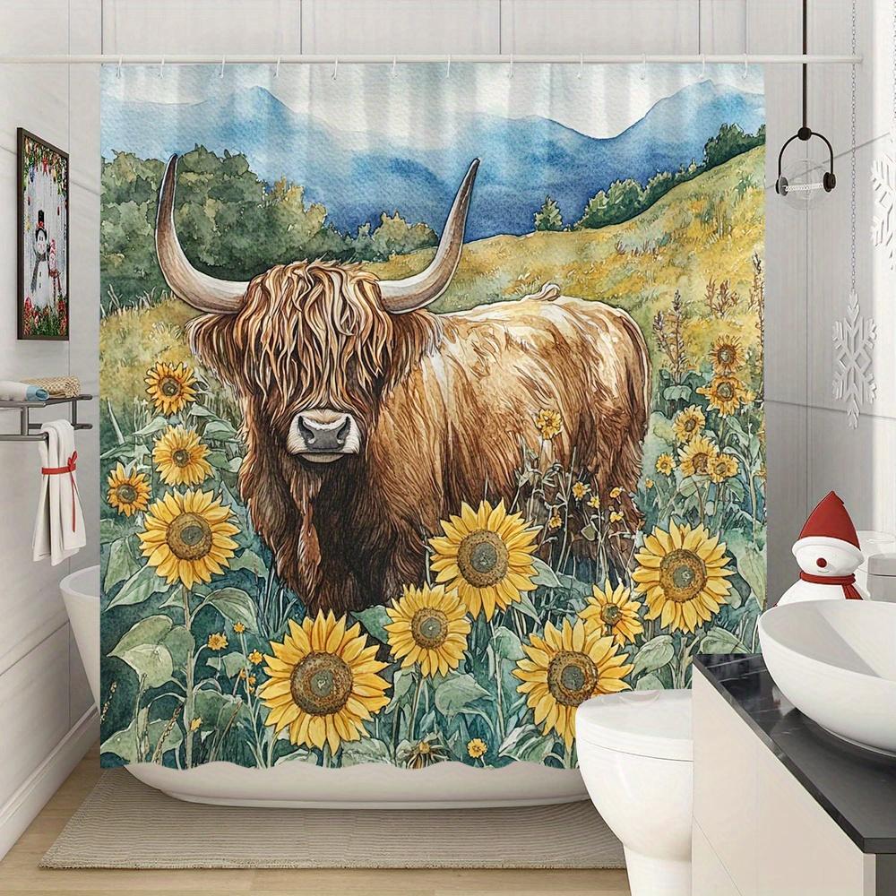 1Pc Highland Cow Shower Curtain - Watercolor Pastoral Scene With Shaggy Brown Fur, Curved Horns & Vibrant Sunflowers, Realistic