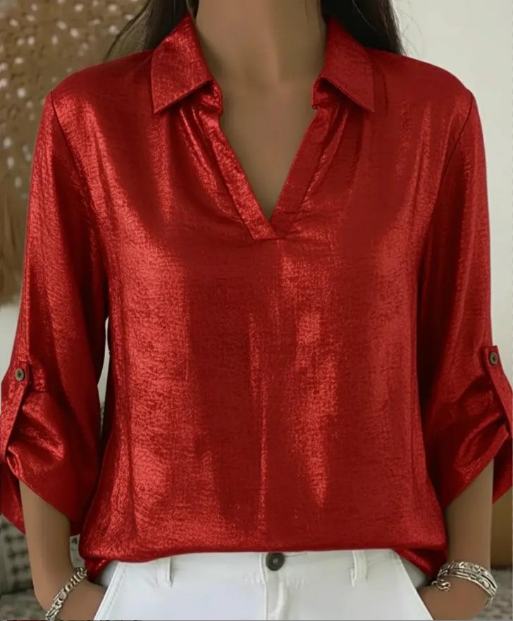 New casual loose women s foil stamped V-neck pocket T-shirt shirt top S