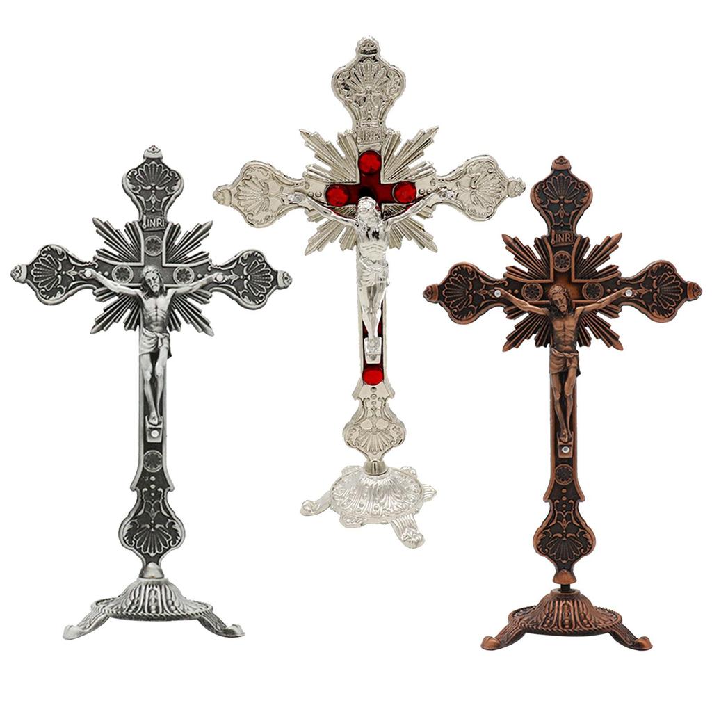 Standing Crucifix Jesus Cross Statue 10 Inches Metal Small Jesus Crucifix for Dining Table Home Decor Altar Prayers Table