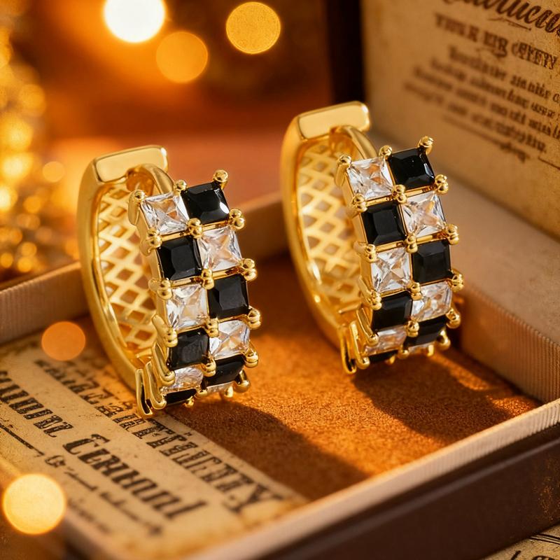 Luxury Black White Zircon Checkerboard Hoop Earrings for Women Fashion Color Blocking Square Grid Ear Buckles Earrings Zircon