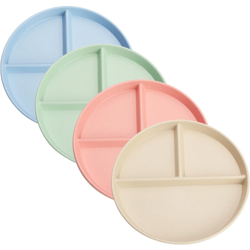 NUOLUX Lunch Dinner Outer Lightweight Dishwasher Set of 4 Plates, 3-Compartment Plates, 22.5cm Diameter, Heat-Resistant, Shatter-Resistant, Plastic,