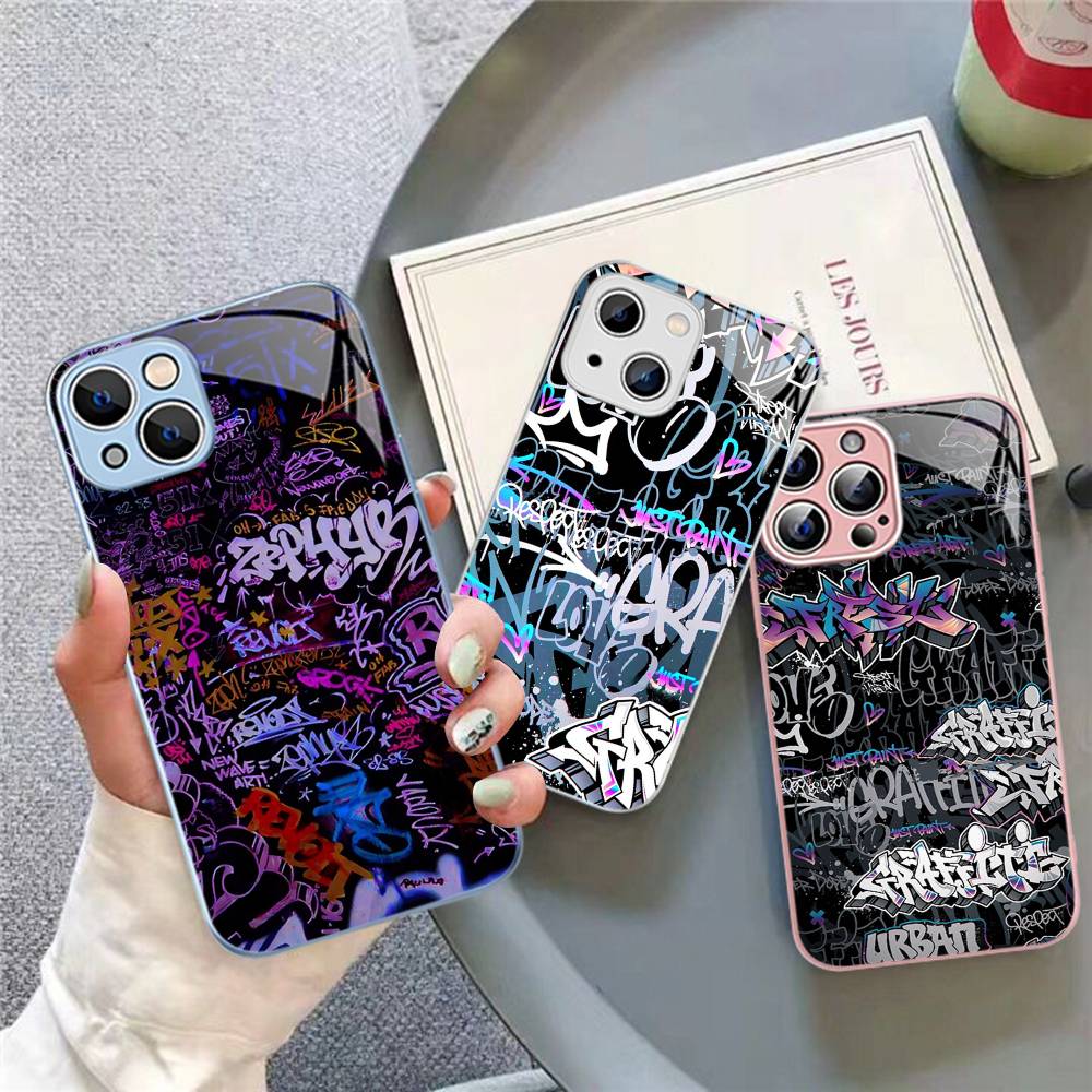 Cool Black Graffiti For iPhone 14 13 12 Mini 11 Pro XS Max X XR 14 Plus Tempered Glass Cover
