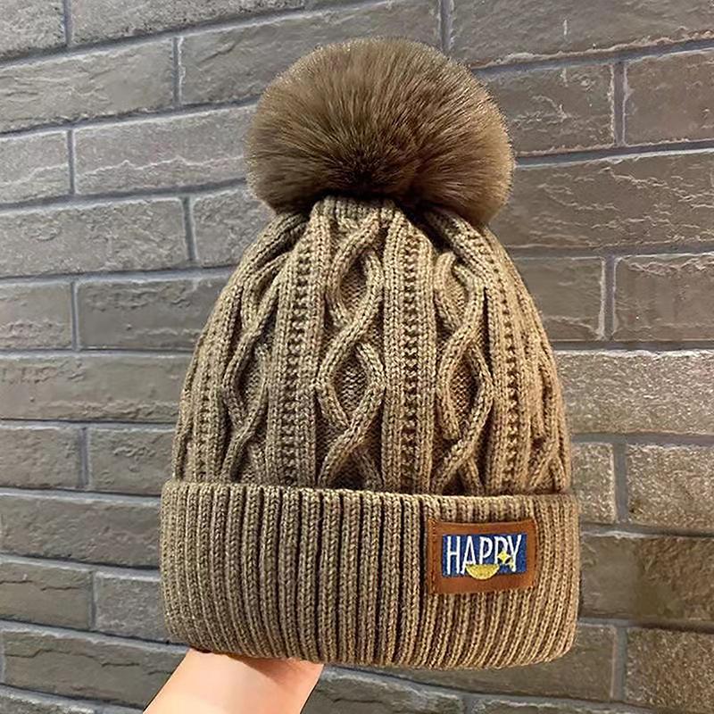 Women Solid Color Thicken Plush Beanie Cap Female Autumn Warm Crochet Hats Autumn and Winter Women's Pompom Knitted Hat