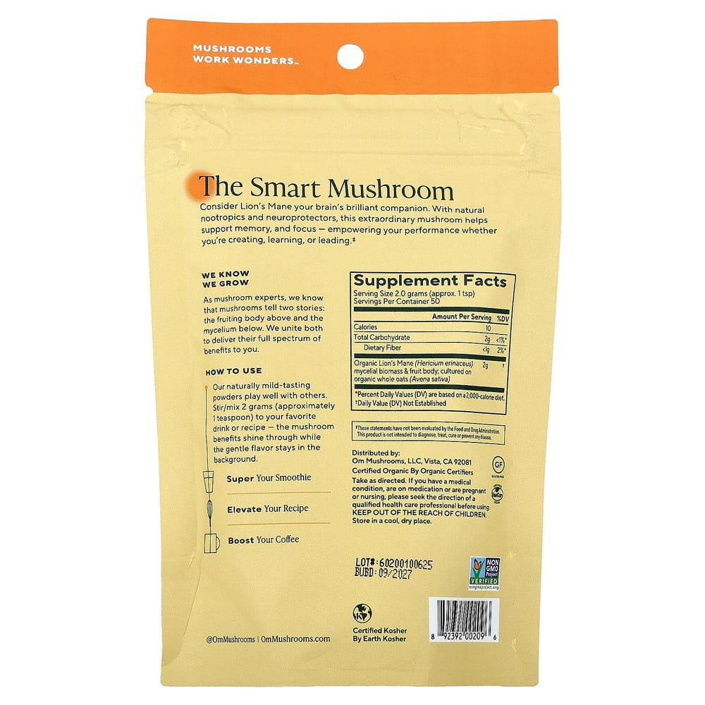 iHerb Om Mushroom Lion's Mane 100% Certified Mushroom Powder 100g (3.5oz)