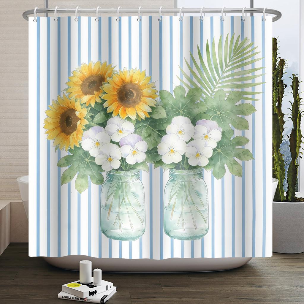 Country Sunflower Theme Waterproof Shower Curtain Wood Texture Barn Door Design Rustic Farmhouse Vintage Style Bathroom Decor