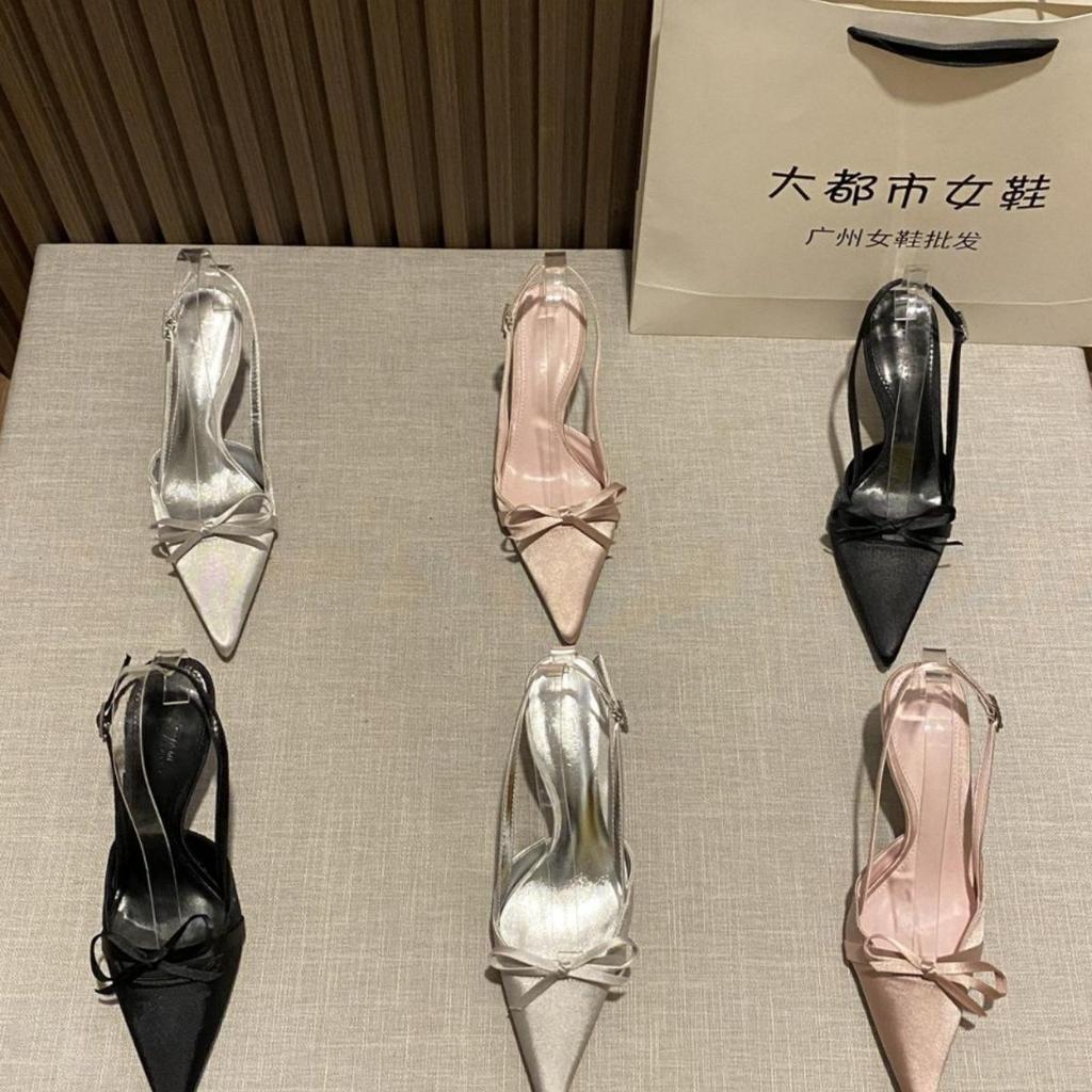 2025 new French elegant fairy gentle bow pointed sandals thin heel empty bag head buckle with high heels