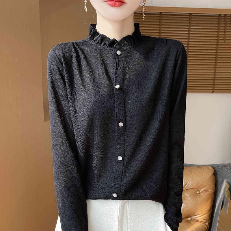 New French Lace Top, Feminine Black Ear Collar Knitted Sweater, Long-sleeved Base Layer, Semi-high Collar Inside