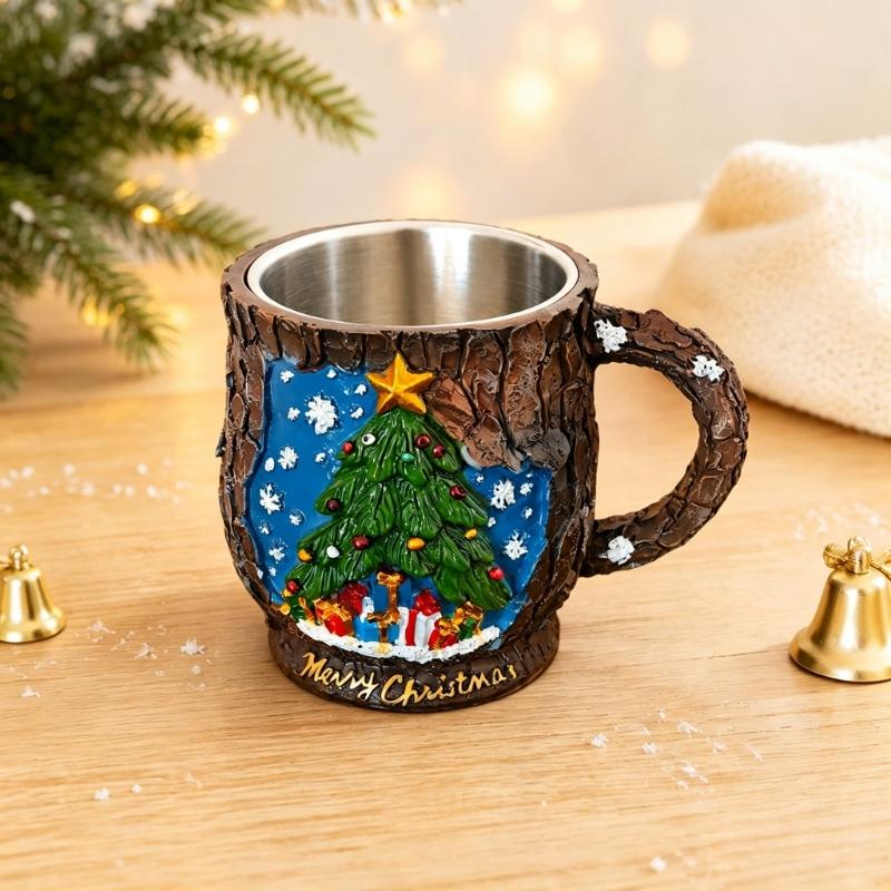 Christmas Tea Cup with Holiday Relief Pattern, Molded Shell, Metal Inner Cup for Gift Use and Winter Table Service