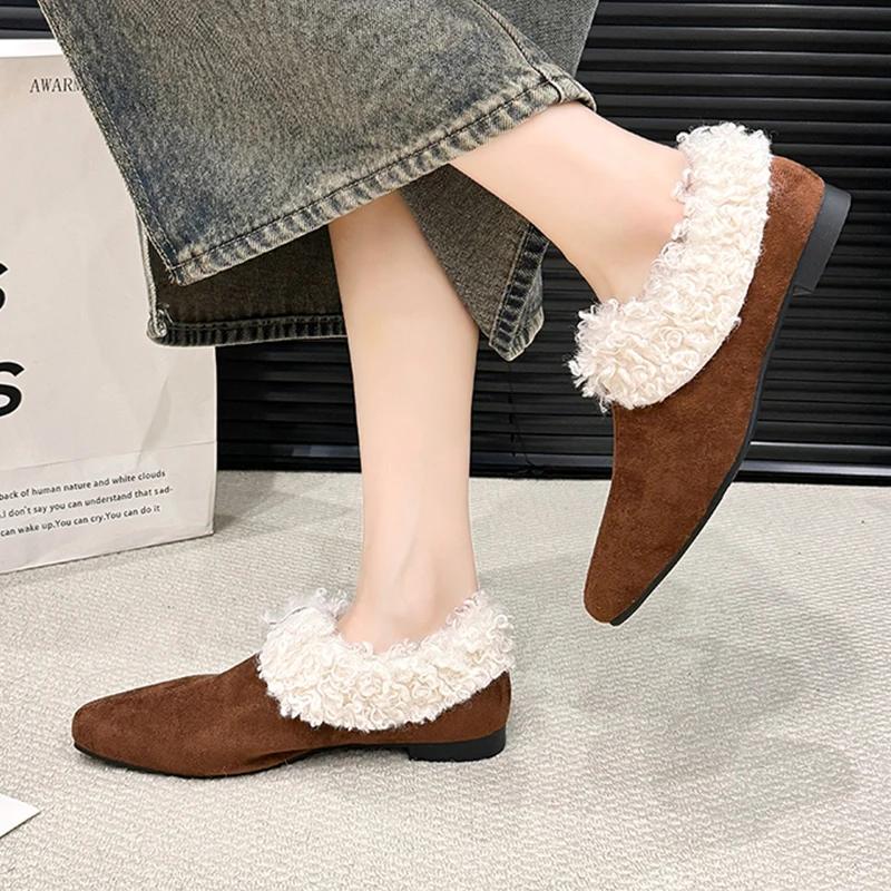

Меховые женские тапочки из хлопка с квадратным носком, замшевые туфли на низком каблуке, туфли-мюли, осенние туфли с открытой пяткой, женская мода 2025 года, трендовая мода Mujer Zapatos 35