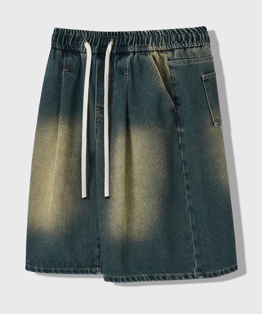 LEMAIN SECOND Bermuda Wide One-Pleat Denim Elastic Shorts [Sand Blue]