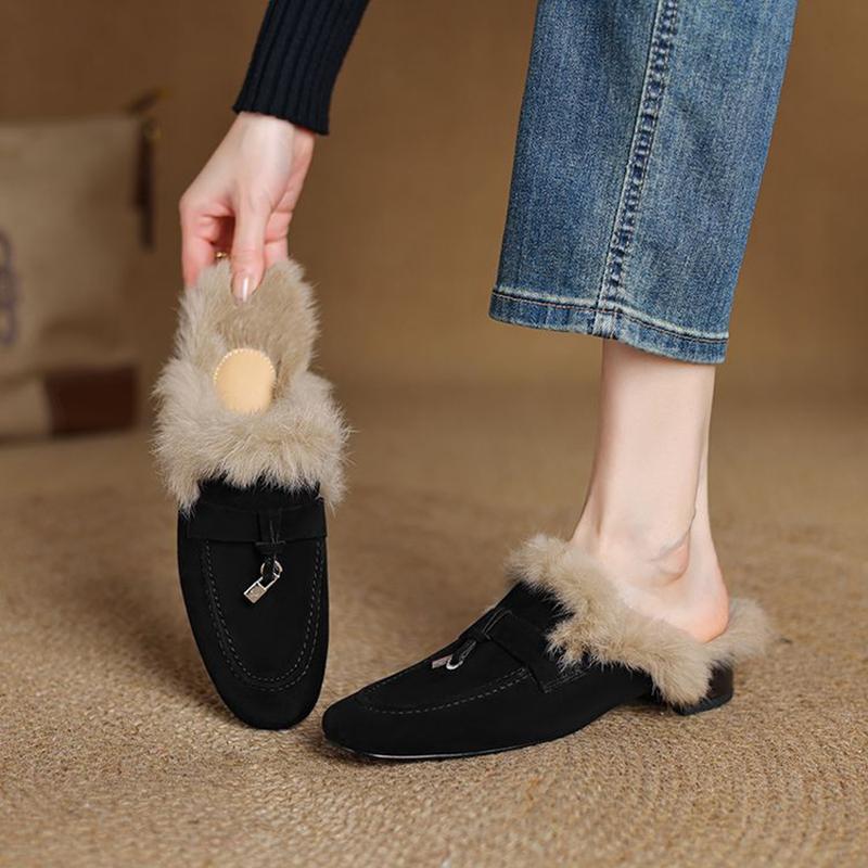 Mote NYE Vintersko Sauesemsket Skinnsko Dame Rund Tå Lav Hæl Skotrekk Tå Slingback Dame Mules Kaninhår Tøfler