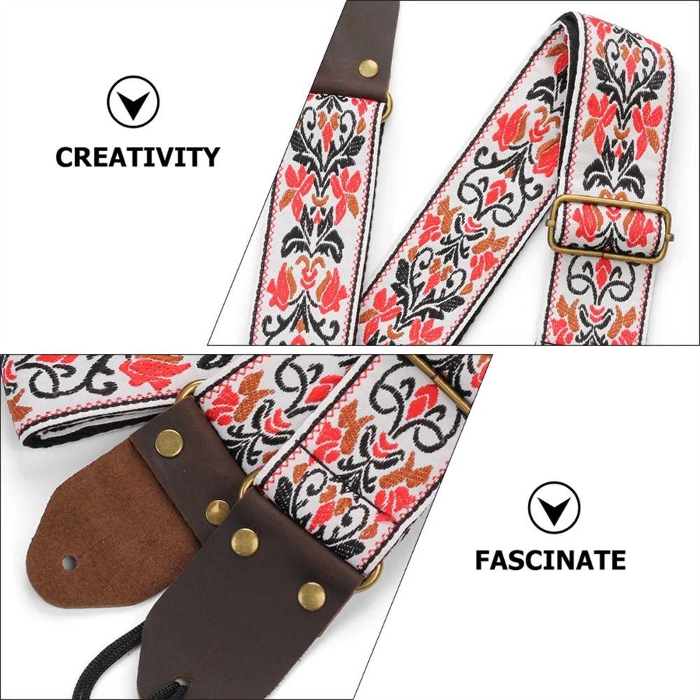 Vintage Flowers Embroidered Guitar Strap Leather Head Electric Guitar Belt Acoustic Bass