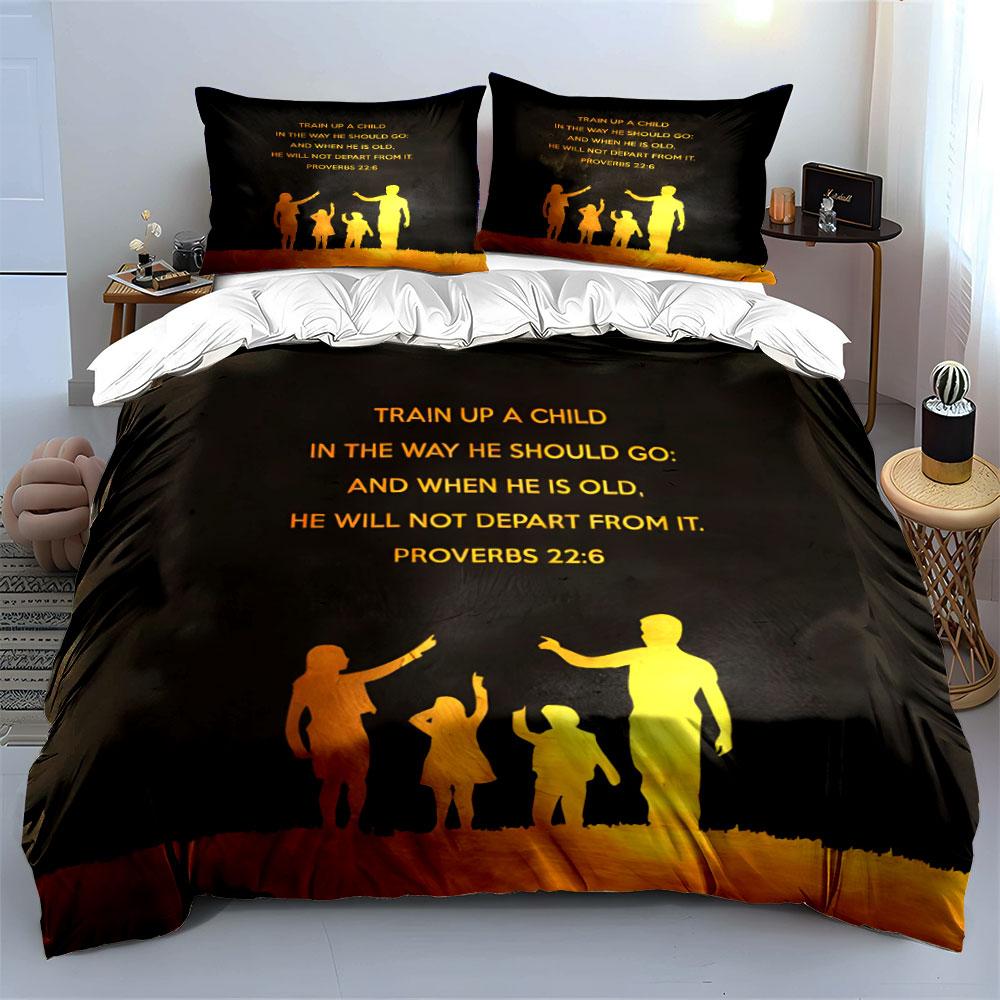 3Pcs Christian Family Bedding Set, Proverbs 22:6 Train Up A Child Print Duvet Cover, 1 Duvet Cover 2 Pillowcases, Gift