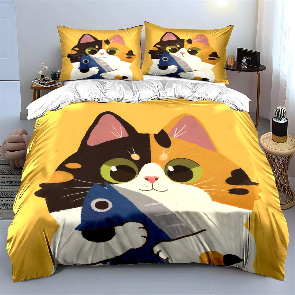 Cute Cat Illustration Decor Set Soft Comfortable Duvet Cover Bedding Set Included 1*Duvet Cover & 2*Pillowcases, Gift