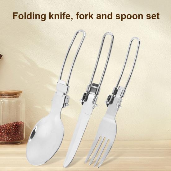 3 Pcs Stainless Steel Folding Spoon Fork Cutter Set Foldable Handle Rust-Proof Cutlery for Camping Picnic Kitchen Outdoor Tableware Soup Coffee