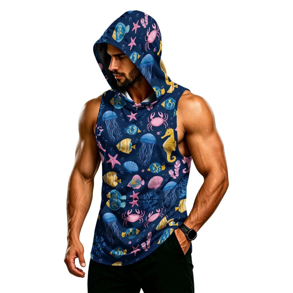 Men’s Hooded Sleeveless Vest Muscle Fit Gym Tank Top Breathable Quick Dry Athletic Bodybuilding Shirt for Workout Training