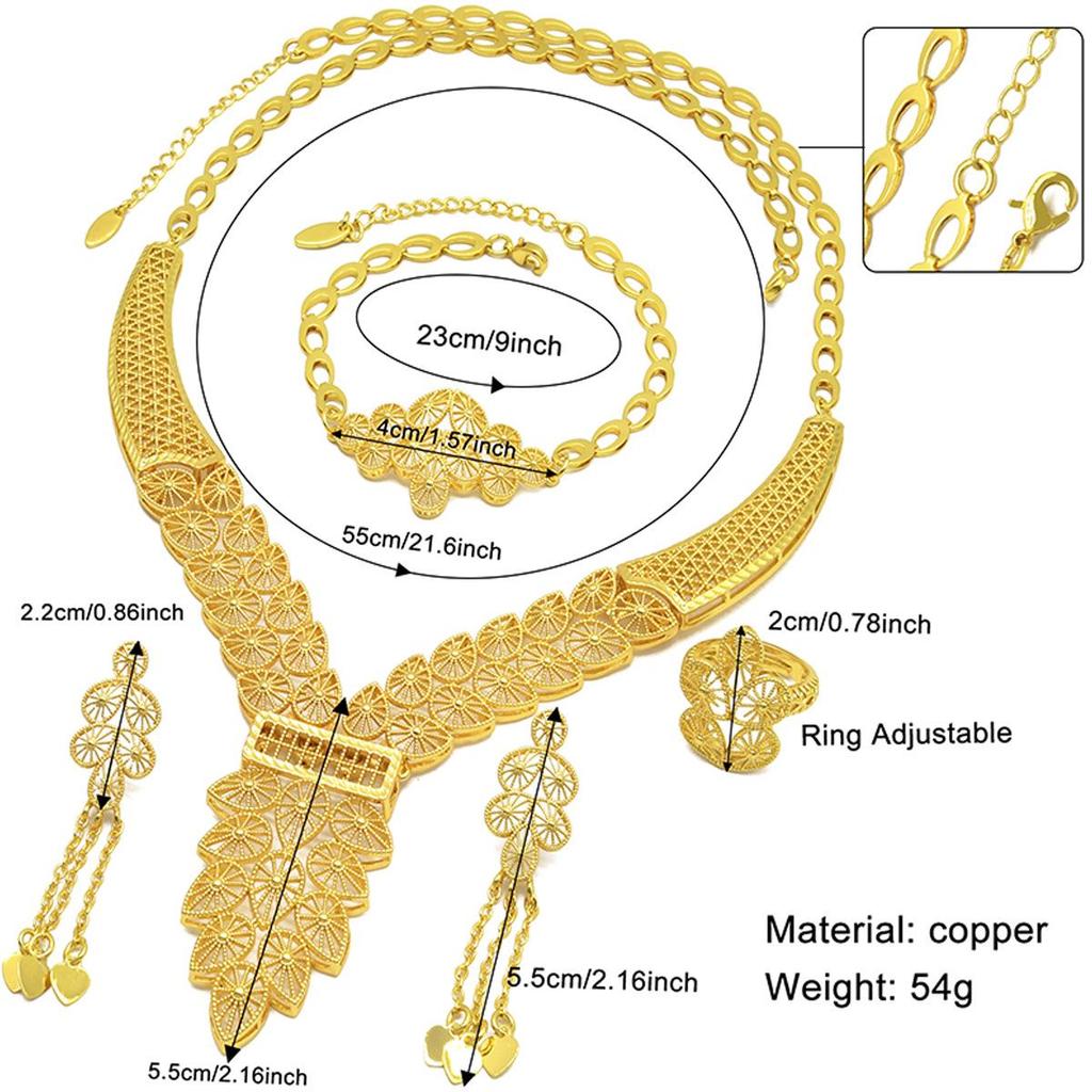 Dubai Wedding Jewelry Set: Ethnic Brass Gold-Plated Necklace, Earrings, Ring, and Bracelet.