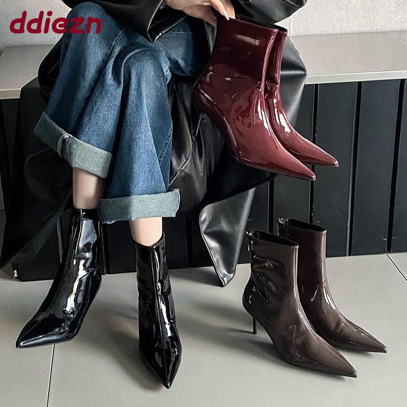 Fashion Sexy Ladies Modern Ankle Boots Female Heels Shoes Zippers Fashion Pointed Toe Women Stretch Short Boots Pumps Shoes